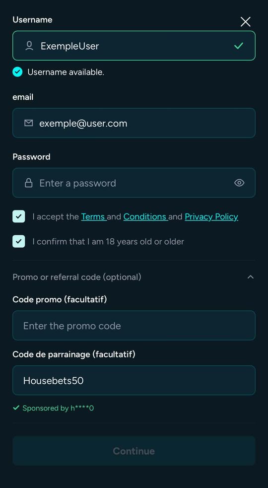 Housebets sign-up form with housebets50 in the referral code field, confirmed by Sponsored by