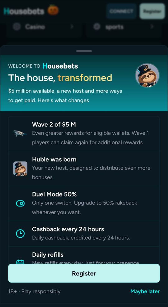 Housebets welcome screen: Wave 2 of $5M, Hubie host, Duel Mode 50%, cashback every 24 hours, daily refills
